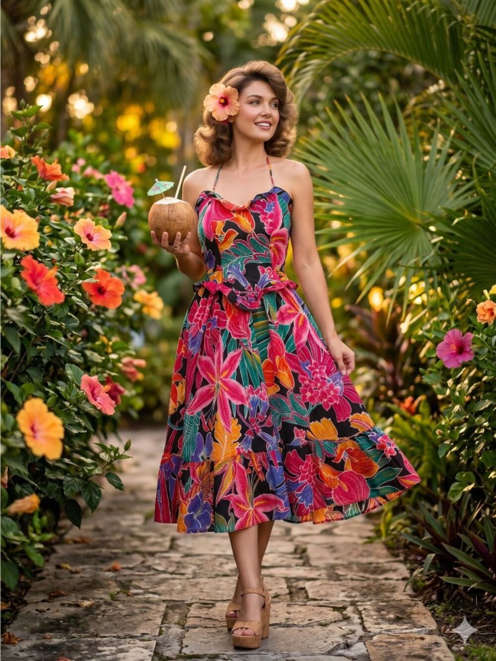 Vintage 80s Foxy Lady Rockabilly Tiki Dress 12 Floral Halter Ruffle Sun Dress